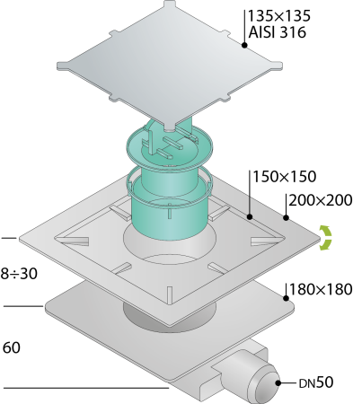 OMP Tea Трап Tirana Unseen 135х135 мм, решетка под плитку, горизонтальный выход, ABS, гидрозатвор  