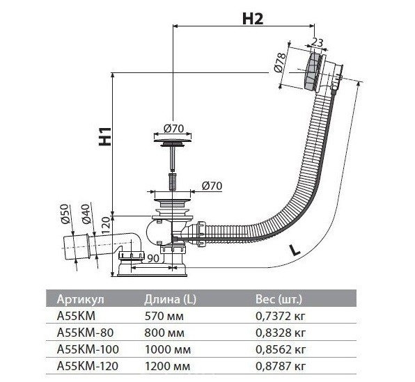 ALCAPLAST Слив-перелив для ванны автомат комплект, белый-мат(Акция)