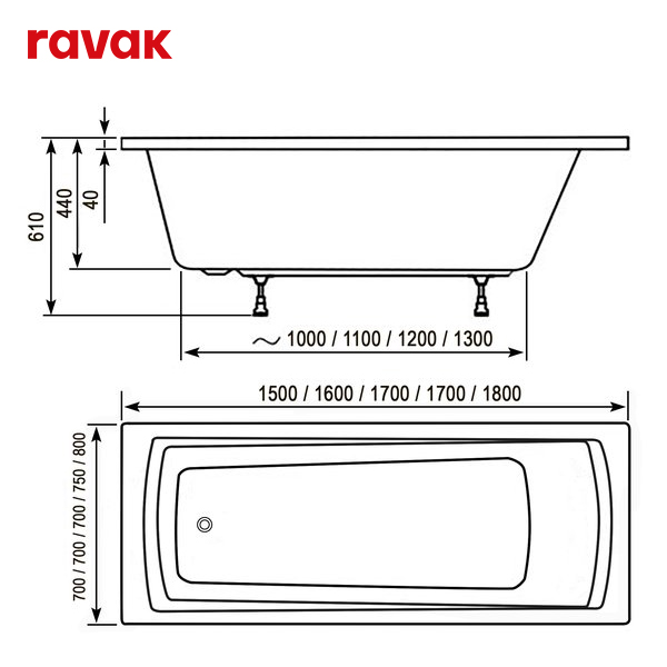 Ванна Ravak SET DOMINO PLUS 180x80 (ванна+опора 80+Сточный комплект хpом II (квадратный)