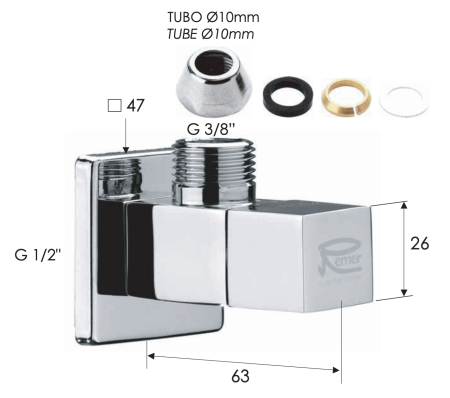 Угловой вентиль Remer квадратный 1/2 х 3/8, хром 