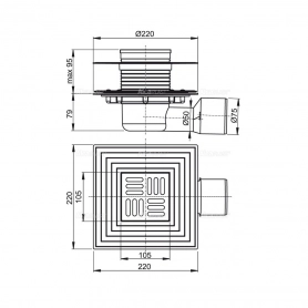 ALCAPLAST Трап 105 105/50/75, подводка – боковая, решетка – нержавеющая сталь