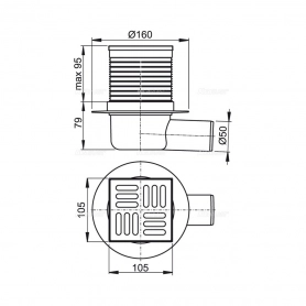 ALCAPLAST Трап 105 105/50,Сливной трап 105 × 105/50, подводка – боковая, решетка – нержавеющая сталь