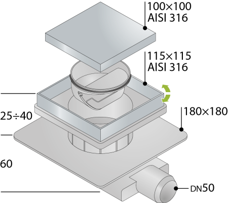 OMP Tea Трап Tirana Unseen 115х115 мм, решетка 2в1, горизонтальный выход