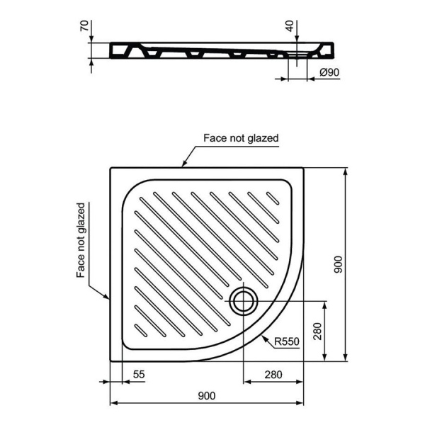 IS Поддон сегментный душевый керамический SEVAFRESH 90X90 см, отверстие слива Ø90мм
