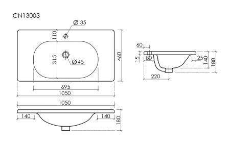 Ceramicanova Умывальник накладной Sabo с отверстием под смеситель1000x460x130, белый