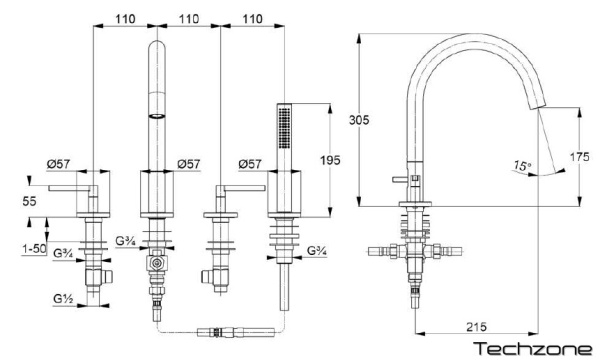 KLUDI NOVA FONTE Смеситель для ванны и душа на 4 отверстия
