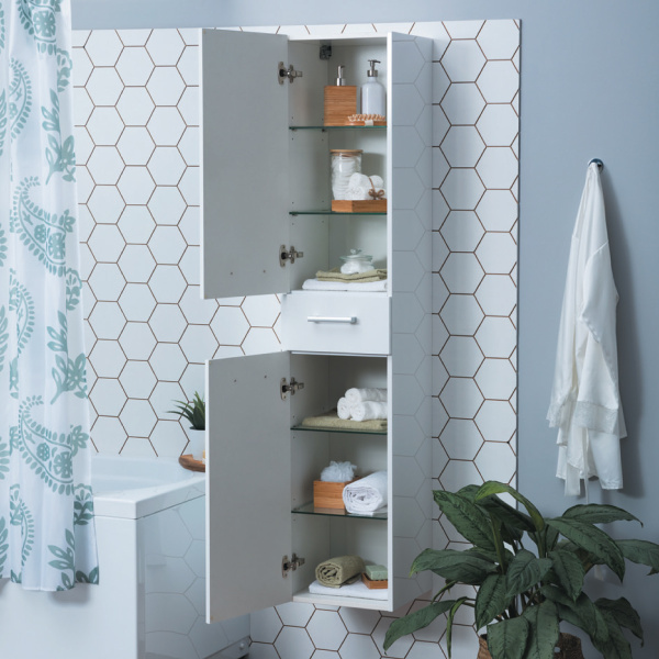 77.0303W Пенал Dreja (СНЯТО) 35см универс., повдвес./напол., 2 дв, 1 ящ. 4 стек. полки, бел.глянец