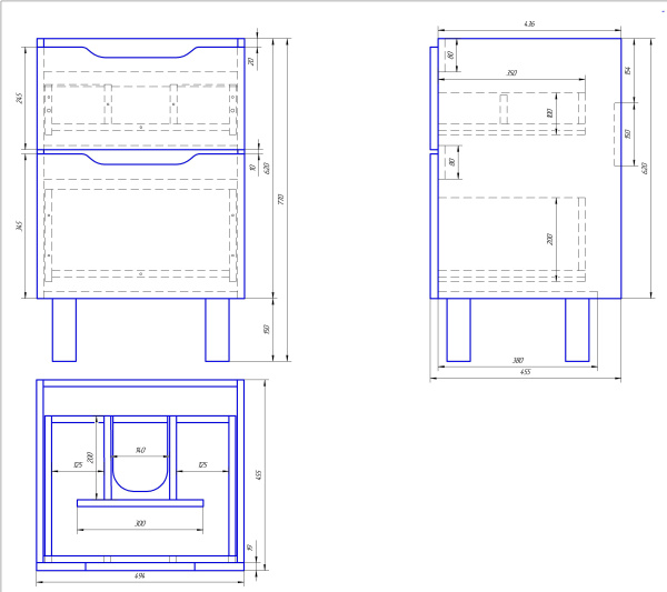 Dreja Q Plus 55см, Тумба под умывальник подвесная/напольная, 2 ящика, с опорами, белый глянец