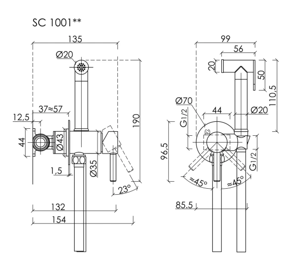 Sancos Гигиенический душ Start со смесителем, c внутренней частью,встраиваемый,настенный,черный мат.