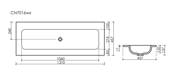 Ceramicanova Умывальник накладной прямоуг.мебельный Grace 1210x457x137мм без отверст.
