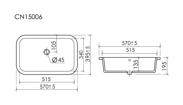 Ceramicanova Умывальник Era прямоугольный 570x395x195 встраиваемый снизу, с отверст.слива-перелива