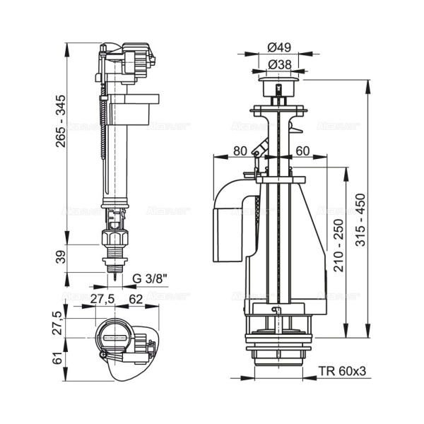 ALCAPLAST Арматура, выпускной комплект с двойной кнопкой, впускной механизм A17 1/2 AQUATIC, хром