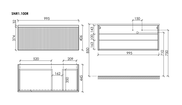 Sancos Тумба подвесная правая Snob R 1.0, од.ящик, доводчики скрытого монтажа, 995х445х406 Doha Soft