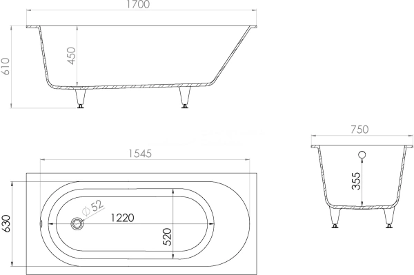 Ванна Kupala OBEREG встраиваемая стандартный слив 1700x750x610 белый матовый
