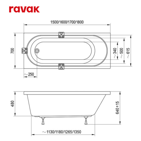 Ванна RAVAK SONATA 180x70 SET (ванна + опора 70 + Сточный комплект хpом)