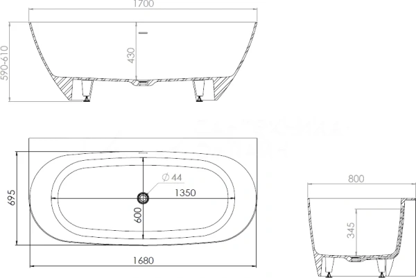 Ванна Kupala OBEREG пристенная 1700x800x610мм белый матовый