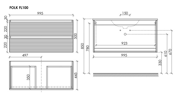 SANCOS Тумба подвесная Folk 995х445х500, c двумя ящиками оснащенными доводчиками, Капучино, арт.FL10