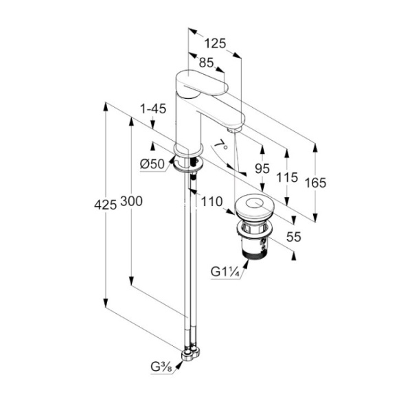 KLUDI X1 Смеситель для раковины, с донным клапаном, хром