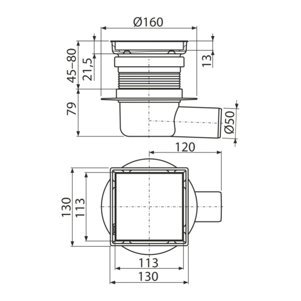 ALCAPLAST Трап 130*130 мм, боковой сток, двусторонняя решетка 2 в 1 нержав., гидрозатвор комб.SMART