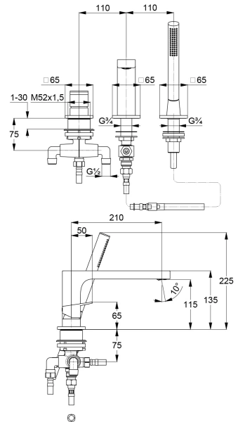 KLUDI-DECUS однорычажный смеситель для ванны и душа, 3 отв., черный мат