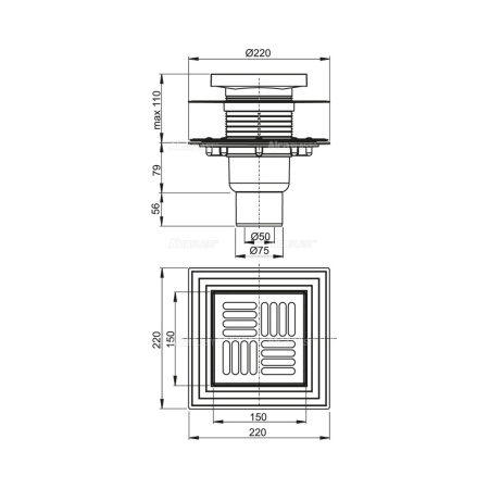 ALCAPLAST Трап 150×150/50/75 мм, подводка – прямая, решетка – нержавеющая сталь