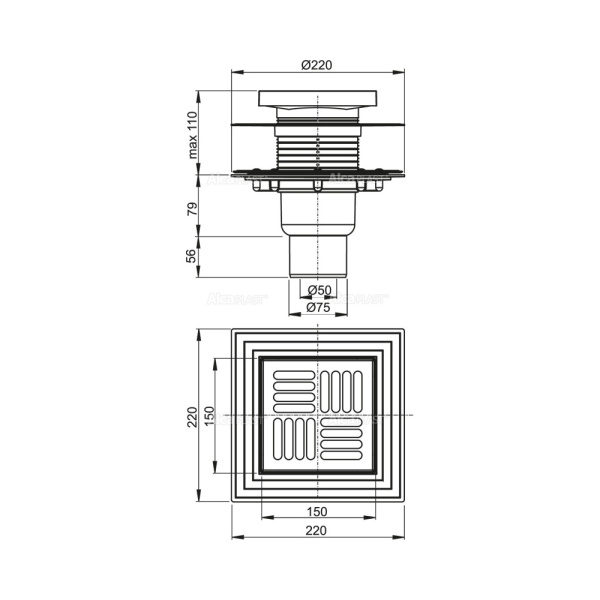 ALCAPLAST Трап 150×150/50/75 мм, подводка – прямая, решетка – нержавеющая сталь