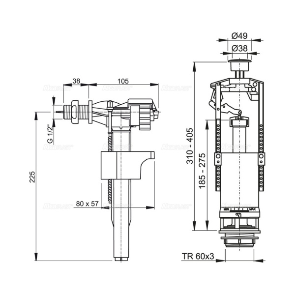 ALCAPLAST Арматура, выпускной комплект с один.кнопкой, впуск. механизм A15 1/2 боковой, пласт.резьба