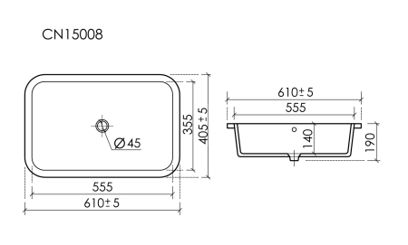 Ceramicanova Умывальник Era прямоугольный 610x405x190 встраиваемый снизу, с отверст.слива-перелива