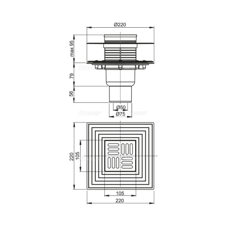 ALCAPLAST Трап 105 × 105/50/75, подводка – прямая, решетка – нержавеющая сталь
