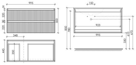 Sancos Тумба подвесная Snob R, левая, два ящика, доводчики скрытого монтажа, 995х445х500 Beige Soft