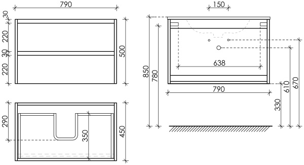 Sancos Тумба подвесная Libra, два ящика, доводчики скрытого монтажа 790х450x500, Дуб галифакс натура