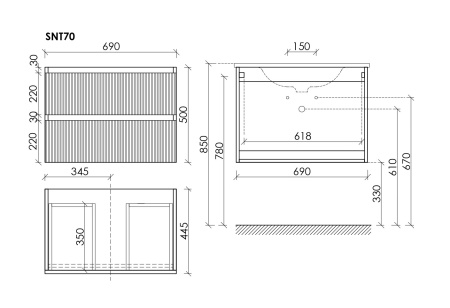 Sancos Тумба подвесная Snob T, два ящика, доводч.,система Soft close,690х445х500,Doha Soft