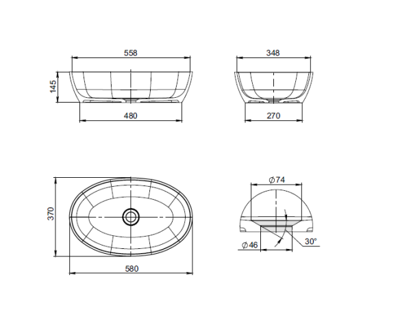 Раковина Radostone Росина 580*370*145 белый матовый
