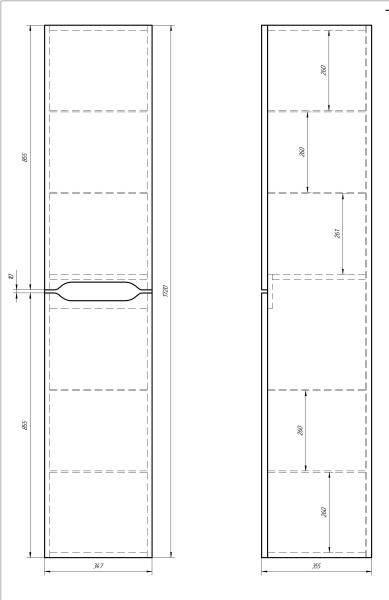 Dreja QL35, Пенал подвесной/напольный, 35 см, универс., 2 дв., 4 стекл. полки, белый глянец