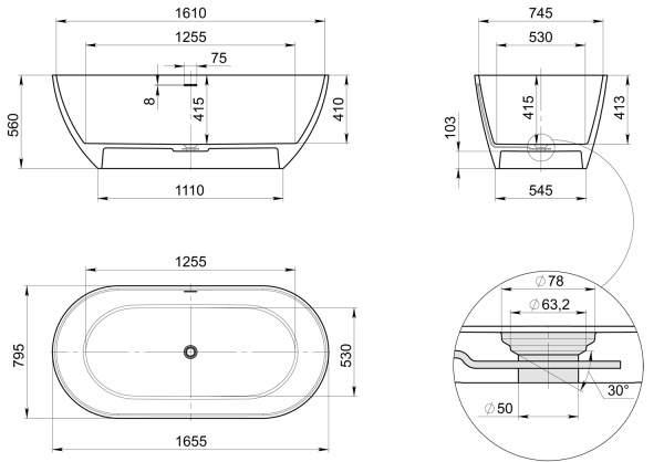 Ванна Radostone Роберта 1655*795*560 белый матовый