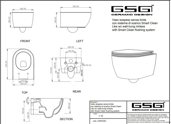 Чаша подвесного унитаза со смывом Smart Clean (Rimless) GSG  Like LKWCSO000, белый глянцевый