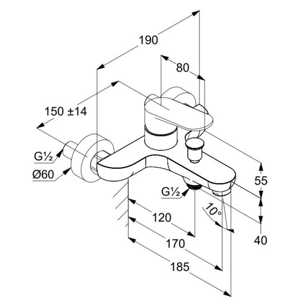 KLUDI X1 Смеситель для ванны с изливом с подключением шланга, хром