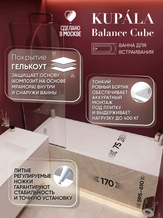Ванна Kupala Balance CUBE встраиваемая, 1700x750мм, гелькоут, белый глянец