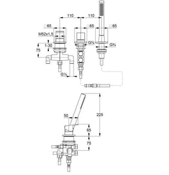 KLUDI-DECUS однорычажный смеситель для ванны и душа, 3 отв., оружейная сталь