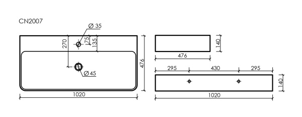 Ceramicanova Умывальник AURA с 1 отверстием для смесителя, без перелива 1020*476*140мм