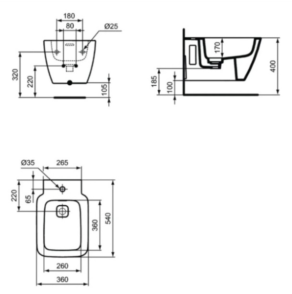 IS STRADA II Биде подвесное с керамической накладкой слива (T854601), с крепежом скр.монт.