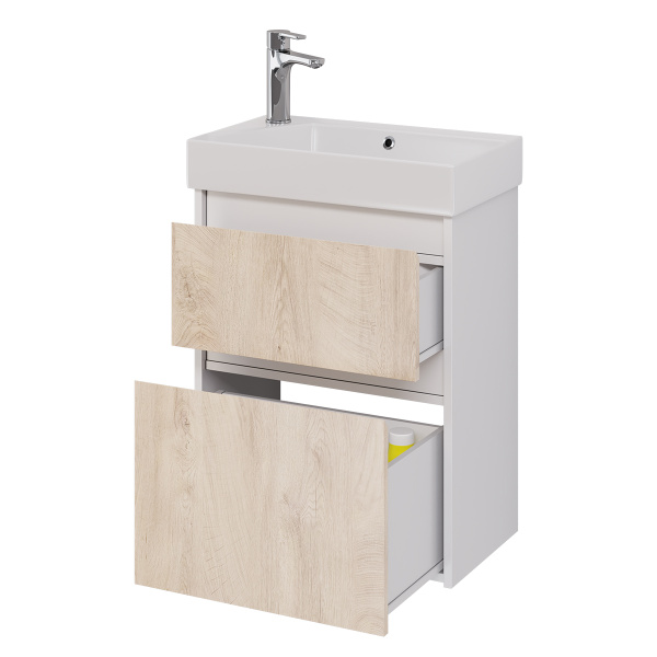 99.0500 Тумба Dreja Slim, 55 см, подвесная/напольная, 2 ящика, белый глянец / дуб кантри