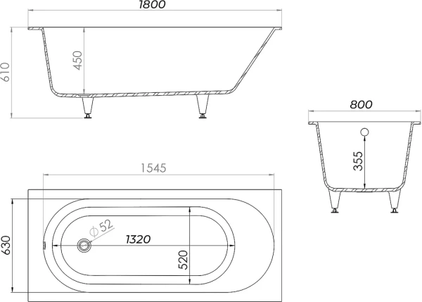 Ванна Kupala OBEREG встраиваемая стандартный слив 1800x800x610 мм белый матовый
