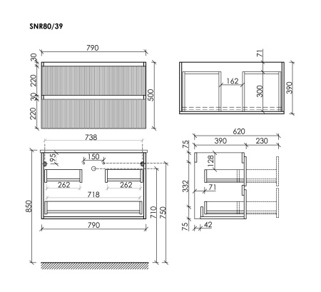 Sancos Тумба подвесная Snob R, два ящика, доводчики скрытого монтажа 790х390х500, Bianco