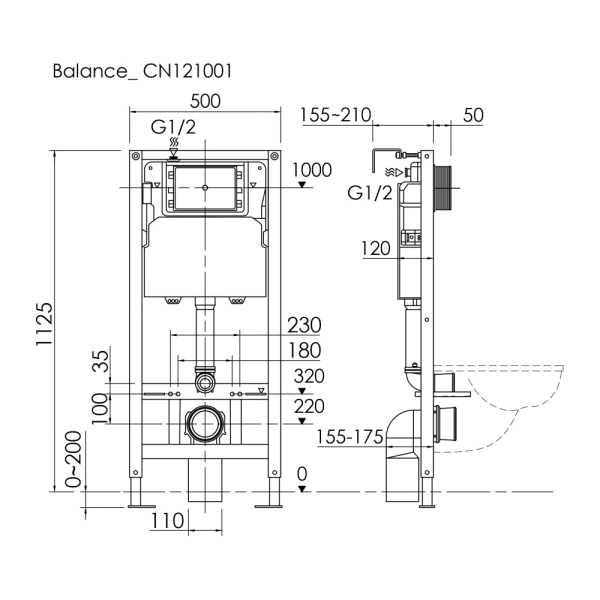 Комплект Подвесной унитаз MONO Rimless + Система инсталляции Balance кнопка Square, черный матовый