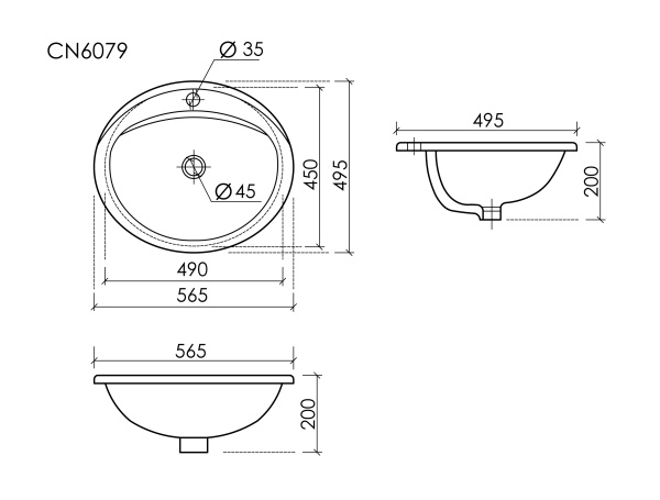 CERAMICANOVAРаковина встраиваемая сверху Sun с отверстием слива - перелива овальной формы 565x495x2