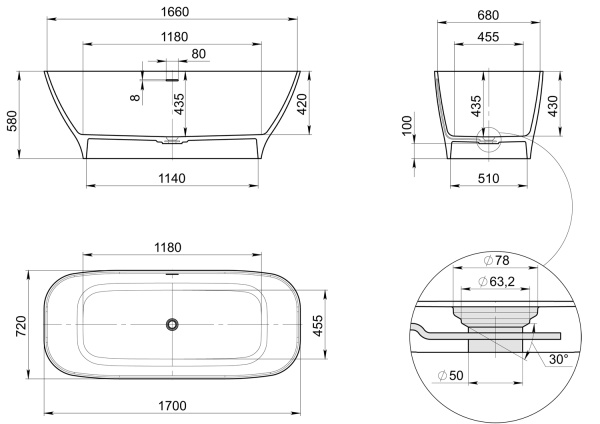 Ванна Radostone Эрника 1700*720*580 белый матовый