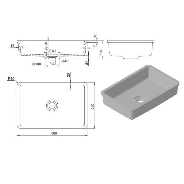 Умывальник  Kupala Dana встраиваемый под столешницу 500x330x120 мм белый матовый