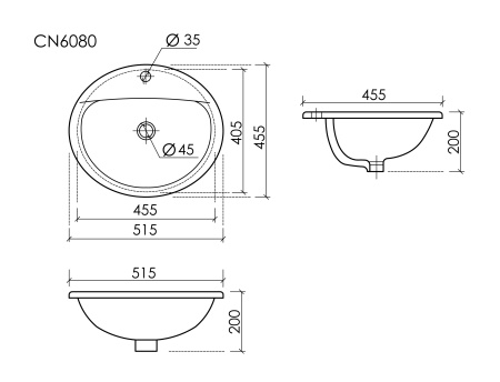 CERAMICANOVA Раковина встраиваемая сверху Sun овальная с переливом, 515x455x200мм, белый