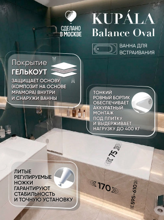 Ванна Kupala BALANCE OVAL встраиваемая 1700x750мм, гелькоут